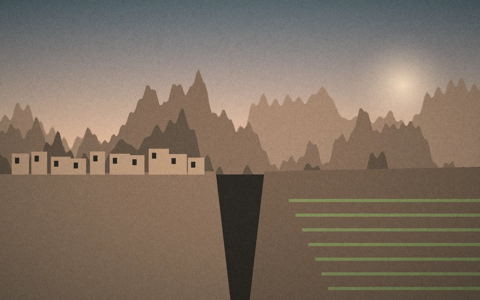 Ilustración: Terrazas de piedra al borde de un desfiladero omaní